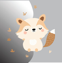 Cute cartoon raccoon, pastel colors, minimalist style, kawaii, big eyes closed, smiling, fluffy texture, rounded shapes,