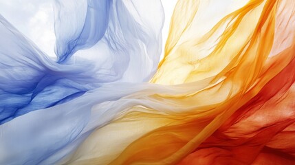 A vibrant blend of flowing fabrics in shades of blue, orange, and white, creating an ethereal and dynamic visual effect.