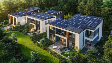 Solar-Powered Homes: Modern houses with solar panels on their roofs are nestled in a lush, green environment, suggesting sustainable living and eco-friendly design.