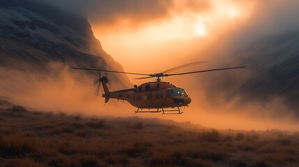 Helicopter rescue mission at sunset in mountains