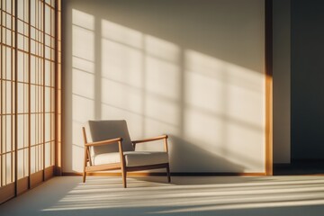 Japanese-inspired minimalist room, a single wooden armchair against a white wall, tatami flooring, peaceful ambiance, high-quality rendering, cinematic"