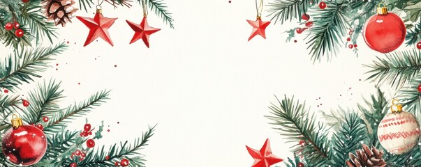 Festive watercolor Christmas frame with red berries and pine tree branches
