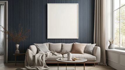 Cozy Living Room Interior: A beautifully designed living room with a neutral-toned sofa, adorned with cushions and throws, a central coffee table, and a large blank canvas for artwork.