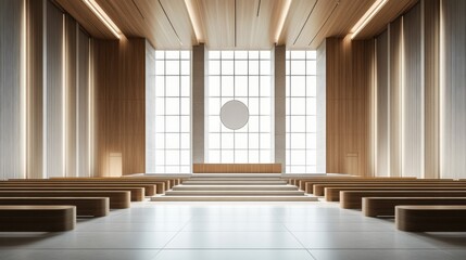 Fototapeta premium A legislative hall with large windows and a minimalist stage. Featuring openness and clarity