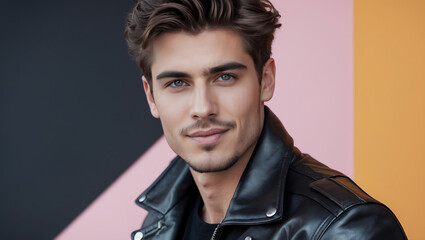 Obraz premium Modern Urban Style – Young Man in a Leather Jacket with a Bold Look