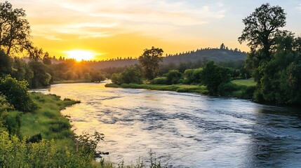 Obraz premium Sunset over river and trees with vibrant colors and landscape