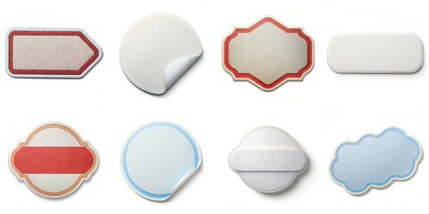 A collection of stickers with various shapes and colors. The stickers are arranged in a grid, with some overlapping each other. Scene is playful and creative