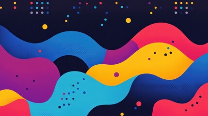 A vibrant abstract design featuring colorful wavy patterns on a dark background, filled with dots and dynamic shapes.