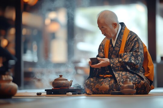 Japanese monk preparing traditional tea ceremony in temple