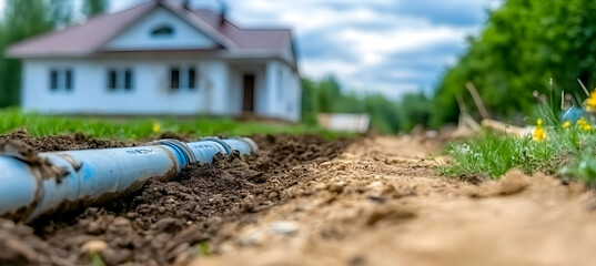 New house construction underground pipe installation near a suburban home.  Background shows lush greenery. Ideal for real estate, construction, and infrastructure