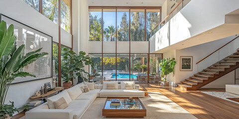 Fototapeta premium Luxury Living Room Interior with Pool View: a lavishly designed living room, basking in natural light, offering expansive views of a serene pool and lush greenery through floor-to-ceiling windows.
