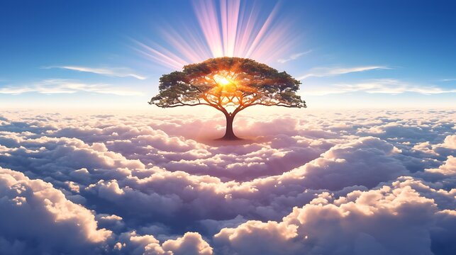 Tree on Clouds Sunrise Scene