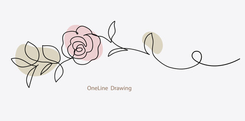 Abstract oneline drawing. Decorative horizontal ornament with pink rose and leaf. Beautiful blossoming hand drawn flower on white background. Line art for frame design. Vector stock illustration