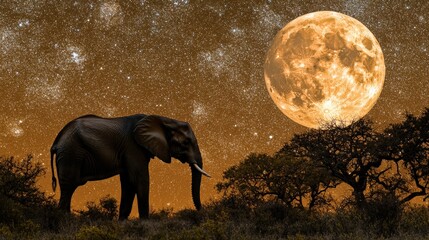 Majestic Elephant Silhouette Under a Large Full Moon in A Starry Sky