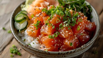 Fresh Salmon Bowl with Rice, Avocado, and Garnishes on Rustic Wooden Surface