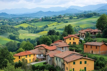 Obraz premium Colorful houses covering the hills of the Italian countryside near the Apennines