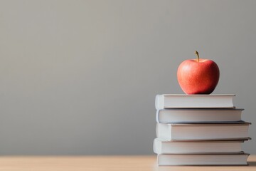 stack of textbooks with on top placed on wooden desk under natural light