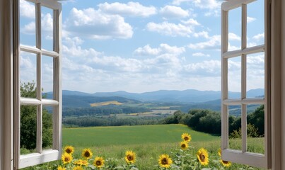Fototapeta premium Window with a view of sunflower fields, Generative AI