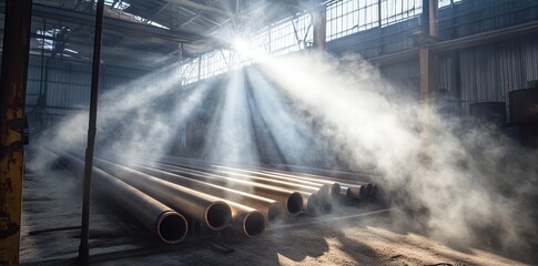 Industrial Sunbeams Illuminate Metal Pipes in Factory Warehouse, Dust Motes Dance in Airy Beams,  Heavy Industry's Raw Beauty