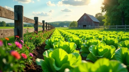 Rural farmland scenery with vibrant green lettuce crops flourishing in a sunlit field, bordered by a rustic wooden fence and colorful wildflowers.