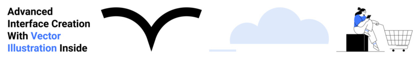 Person pushing a shopping cart with boxes in minimalist, modern style. Ideal for e-commerce, online shopping, retail, delivery services, technology apps, marketing, flat landing page banner