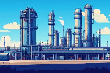 Obraz premium Oil refinery infrastructure showcasing piping systems and towering structures under a clear blue sky for energy production and industrial manufacturing concepts
