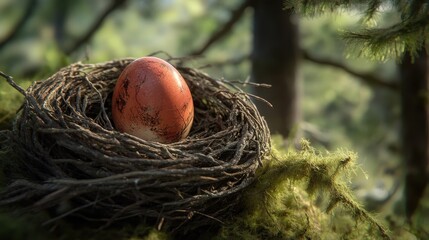 Red Speckled Egg in a Nest Surrounded by Green Foliage