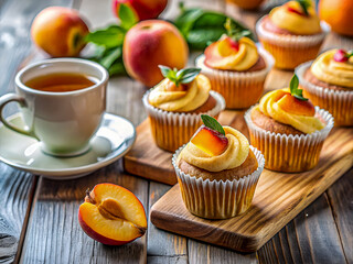 Tasty peach muffins with a cup of coffee. Delicious food and drink background 