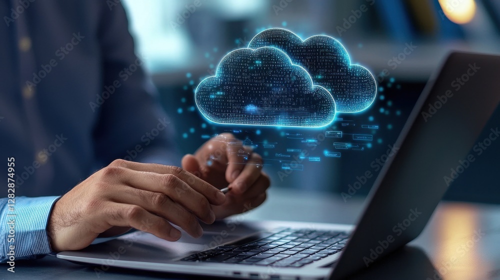 Poster a person is typing on a laptop with a cloud on the screen