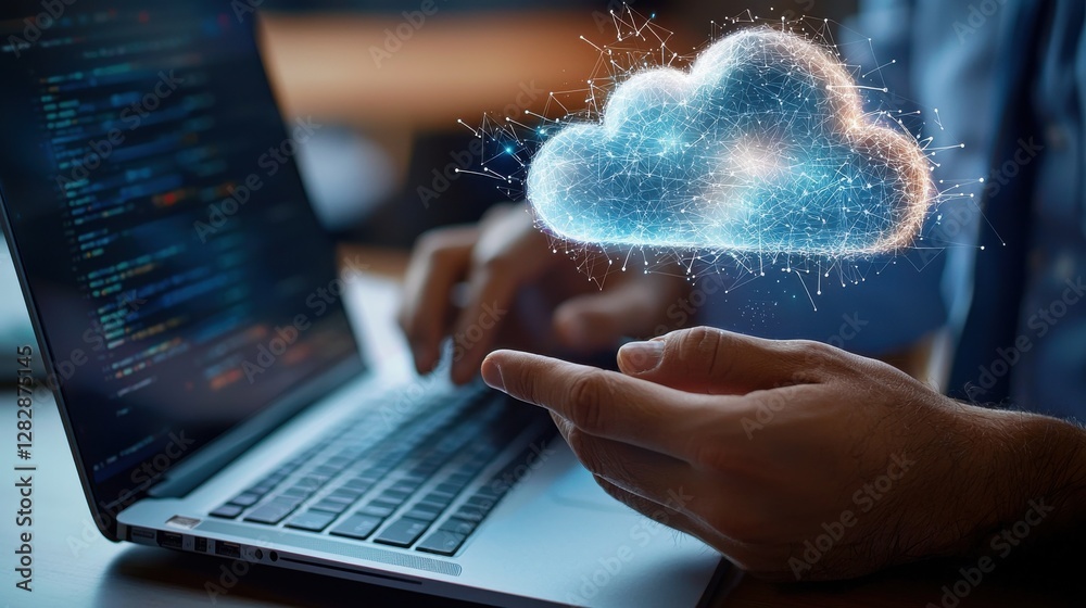 Poster a person is typing on a laptop with a cloud on the screen
