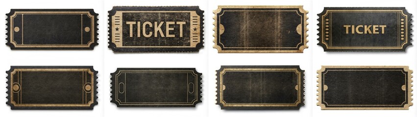 A collection of vintage tickets with the word "ticket" written on them. The tickets are old and worn, giving them a sense of history and nostalgia