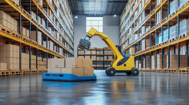 Automated Warehouse Logistics: A futuristic automated guided vehicle (AGV) navigates a large warehouse, efficiently moving boxes, symbolizing the power of technology in modern supply chains.