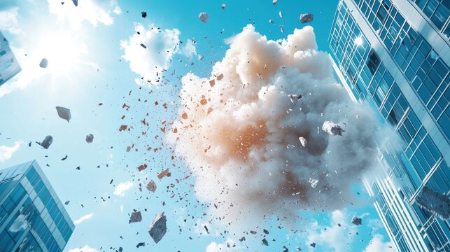 A demolition crew imploding a dilapidated building, with clouds of dust and debris billowing outwards as the structure collapses upon itself, signifying destruction, urban renewal, and the power of