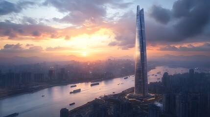 Naklejka premium Ultra Modern Skyscraper Futuristic City Landmark high resolution hd wallpaper