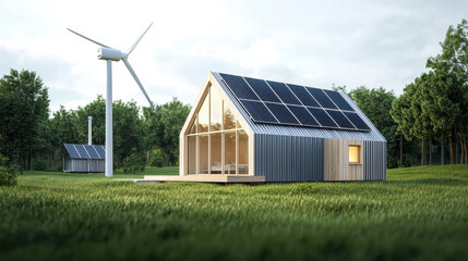 Obraz premium Sustainable Living: Eco-friendly home with solar panels and wind turbine in harmony with the environment