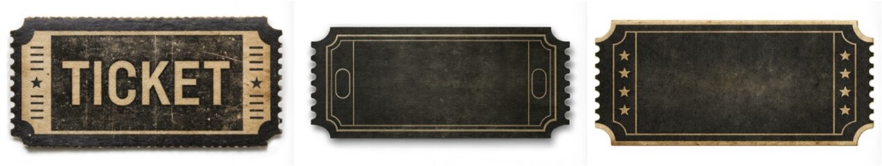 Three tickets with the word "ticket" written on them. The tickets are black and have a vintage look