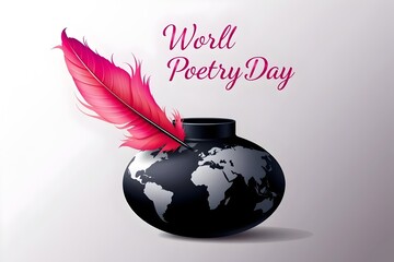 A vibrant graphic design for World Poetry Day featuring a stylized feather in ombre shades of plum purple, blushing pink, and tangerine orange, delicately placed in a sleek black inkwell.