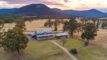 Rural Farmhouse Sunset Mountain View Landscape