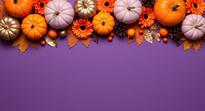 Calabazas de estilo 3D y frutas de oto&ntilde;o sobre fondo morado