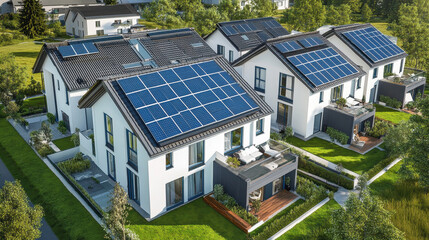 Solar-Powered Suburb: An aerial view showcases a row of modern homes, each adorned with solar panels on the rooftops, highlighting sustainable living and eco-conscious architecture.