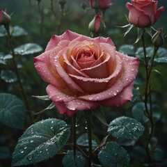 A high-angle shot of a rose in morning dew, water glistening in the distance.