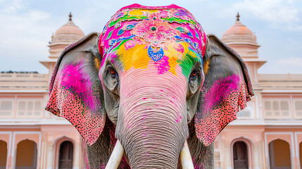 Colorful elephant adorned with Holi powders in Jaipur, India