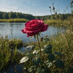 A low-angle perspective of a towering rose in thick grass, with a glimmering lake behind.