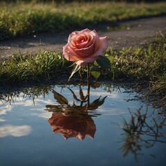 A reflection of a rose in a puddle, with blurred grass and rippling water behind.