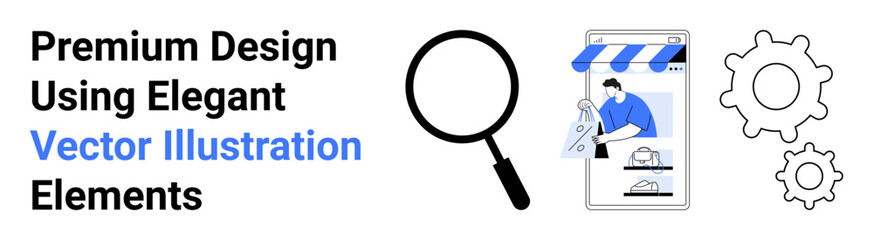 Mobile storefront with user repairing interface using wrench, gears, and magnifying glass. Ideal for e-commerce, development, troubleshooting, optimization, analysis, business tools flat landing