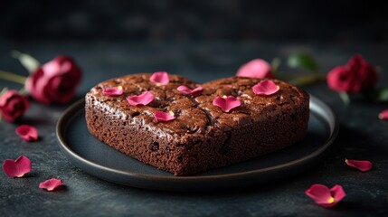 Heart brownie, roses, dark background, Valentine's