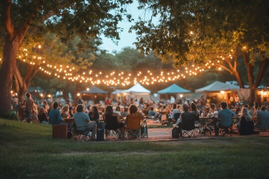 People enjoying open air festival with string lights at dusk