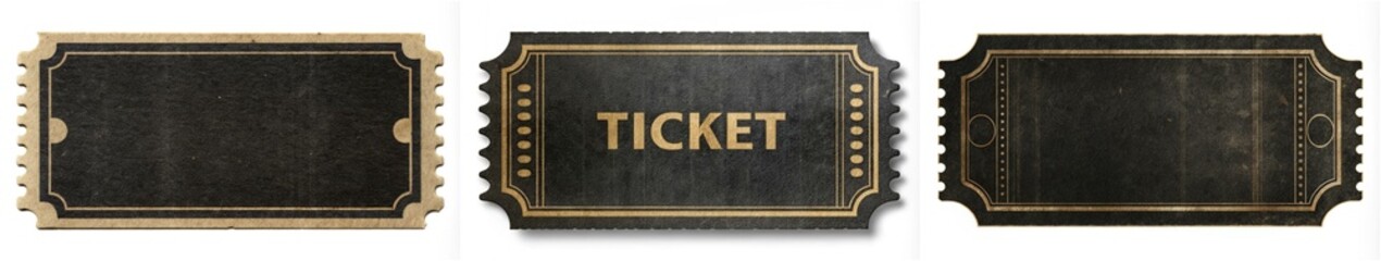 Three tickets with the word "ticket" written on them. The tickets are black and have gold lettering
