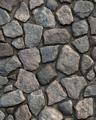 Obraz premium Tileable cobblestone road texture with irregularly shaped rocks in varying shades of gray. The realistic stone pattern creates a rugged and durable surface for design projects and 3D environments. 