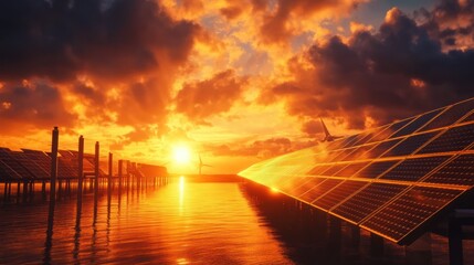 Obraz premium Floating solar panels at sunset over water with wind turbines. Dramatic sky.